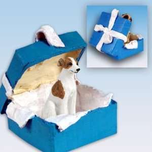   Whippet Blue Gift Box Dog Ornament   Brindle & White