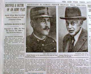 1935 NY Times newspaper JUDAICA Alfred Dreyfus Dead FRANCE 
