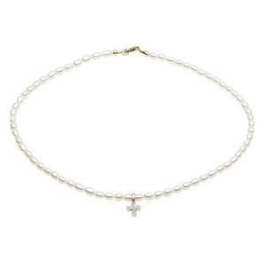  14K Rice Pearls 14 In. Bracelet & Mini Diamond Cross Charm 