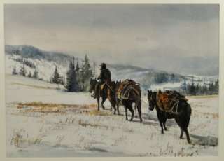 Andrew Memma Horses Mountain Man Snowy Mountainous Landscape W/C 