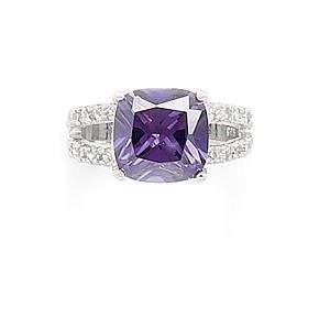 Amethyst Purple CZ Ring Soft Square with Split Band Rhodium Plated 