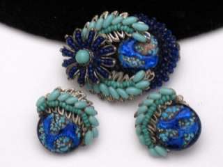 Vintage MIRIAM HASKELL Azurite Glass Bead Brooch Pin Earrings SET 