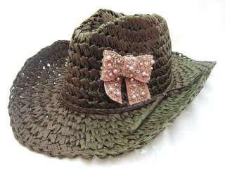 Paper Straw Crushable Summer Cowboy Hat Vintage Bow New  