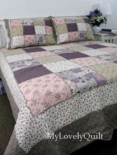   KHAKI Ruffled Quilted Patchwork BEDSPREAD Quilt 3pc set QUEEN  