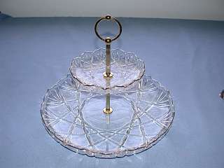 Fancy Cut Glass Scalloped Two Tier Serving Tray Caddy  
