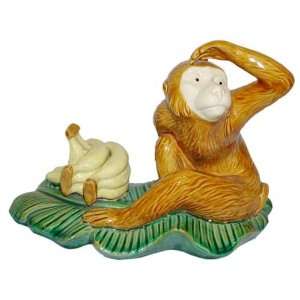  Monkey with Bananas on Leaf   Glazed Ceramic