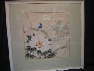 VINTAGE framed Asian silk painting signed art  