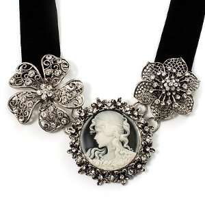  Stunning Diamante Cameo Black Velour Ribbon Necklace 