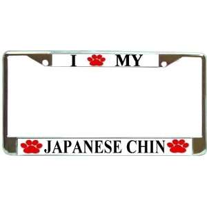Love My Japanese Chin Paw Prints Dog Chrome Metal License Plate 