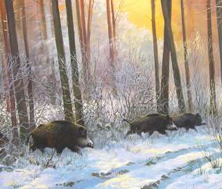 Oil Painting By Jozsef Csiszar   Wild Boars At Winter  