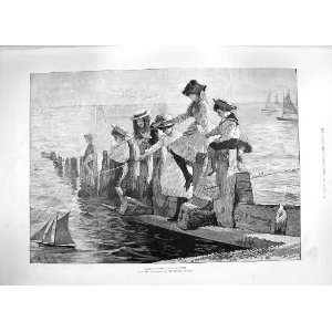  1886 LITTLE ANGLERS CHILDREN FISHING SEA BOAT FINE ART 