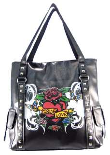 Large `True Love` Tattoo Flash Black Vinyl Shoulder Bag  