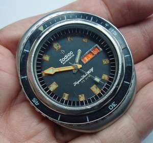 70s Zodiac Super Seawolf 75 ATM Date Day Vintage Deep Sea Divers Watch 