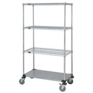 Mobile Wire Cart 24 x 60 x 69H, 3 Wired Shelves, 1 Solid Shelf, 63H 