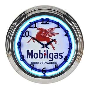  Mobile Gas 16 Neon Clock with Silver Frame