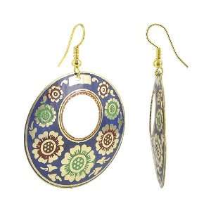   Round Cut Gold Tone Dark Blue Floral Designed Brass Earrings Jewelry