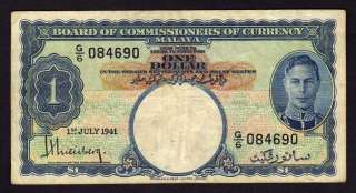 Malaya 1 Dollar 1941 P 12 KGVI aVF ~273~  