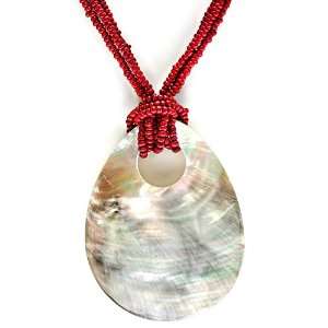    Shell Pendant with Beaded Cord Necklace   Red Beads Jewelry