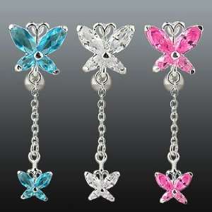  Belly Ring With Clear Top Down Butterfly Dangle   14G   3 