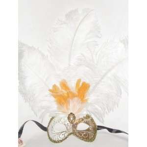  White Gold Ciuffo Lillo Feather Venetian Masquerade Mask 