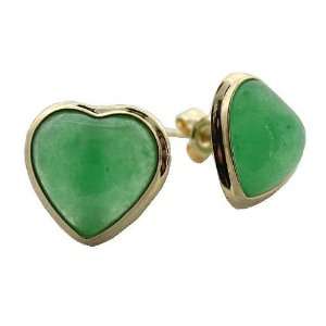  Green Jade Heart Earrings with Step Bezel, 14k Gold 