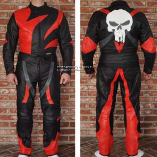 2PC PUNISHER MOTORCYCLE LEATHER RACE RACING SUIT RED  