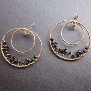   14k Gold Filled Earrings Hammered Circles with Black Spinel Jewelry