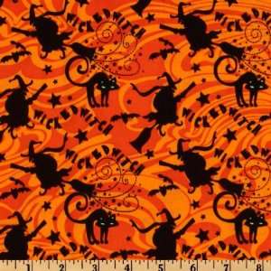  44 Wide Witches Brew Flying Witch Orange/Black Fabric By 