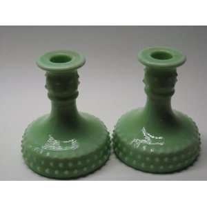  Set of 2 Jade Green Milk Glass Candle Holders Hand Made in 
