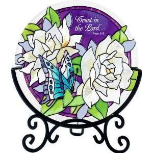 Trust in the Lord   Gardenia & Blue Butterfly Hand Painted Stained 