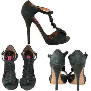 Betsey Johnson Walland T Strap Ruffle Heels in Gray Suede Size 5.5 9 