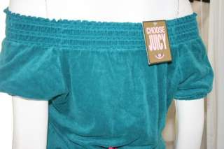 NWT Juicy Couture Shirred Waist Terry Peasant Top Polynesian Teal 