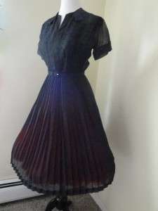   1940s 50s Black Embroidered Party Dress Full Skirt LUCY Sheer Prom S M