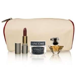   Lancome Travel Set (Cream Oblong Bag with Red Lining) 4 Piece Set