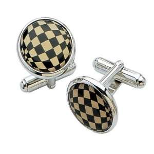 Silver plated cufflink with a checked optical illusion accent with 