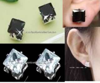 PAIRS CZ CLEAR+BLACK SQUARE MAGNETIC STUD EARRINGS  