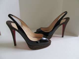  Louboutin Black Patent Leather Peep Toe Slingbacks/Shoes/Heels Sz 37
