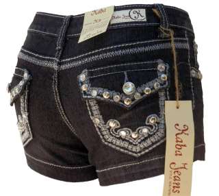 Kaba Jeans Denim Shorts Embroidered Jewels Bling Dark Blue Juniors 