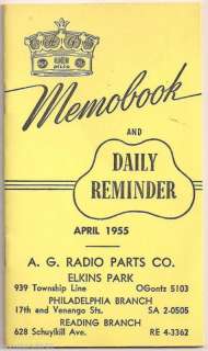 April 1955 UNUSED Daily Reminder A.G. Radio Parts Co  