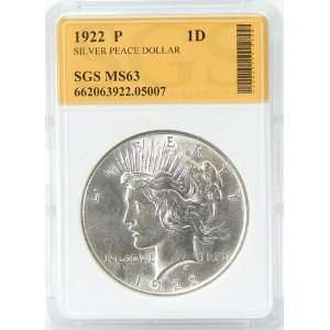  1922 P MS63 Silver Peace Dollar Graded by SGS Everything 