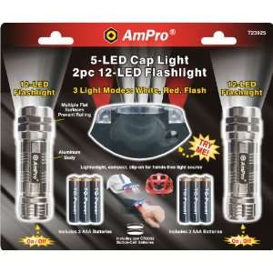 Ampro Tools T23925 2 Peice 5 LED Cap Light and 12 LED Flashlight