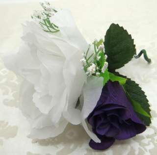 PURPLE WHITE ROSES Corsage & Boutonniere Artificial Silk Wedding 