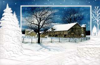 16 Boxed Christmas Cards Stone Barn & Farmhouse in Snow  
