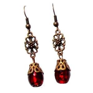 Antiqued Copper and Red Glass Bead Dangle Earrings on French Wire 