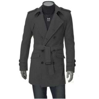 Mens Stylish Belted Stylish Double Brasted Woolen Trench Pea Coat 