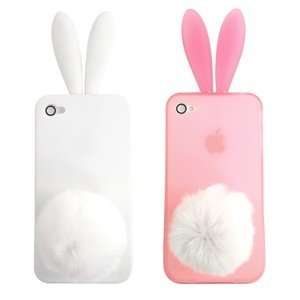 Case Star ® White and Pink Rabbit TPU Case Cover with Ears and Tail 