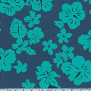  60 Wide Cotton Poplin Hibiscus Indigo/Aqua Fabric By The 