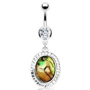 316L Surgical Steel Navel Ring with Abalone Inlayed Oval Layered Frame 