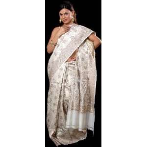 Ivory and Brown Jamdani Sari from Banaras with Flowers Woven by Hand 