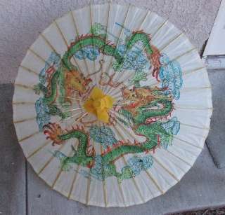   asian paper parasol decorated with snarling tattoo style dragons